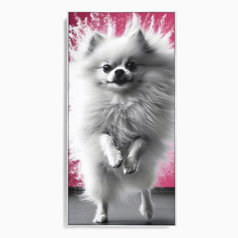 Tablou Canvas Premium, LuxCanva® M1254, Explozie de Puf, Caine, Pomeranian, Pufosenie, Alb, Roz, Explozie, Adorabil, Blanita, Dinamic, Jucaus, Birou, Living, Camera Copil