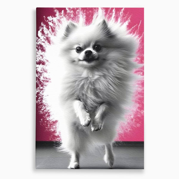 Tablou Canvas Premium, LuxCanva® M1254, Explozie de Puf, Caine, Pomeranian, Pufosenie, Alb, Roz, Explozie, Adorabil, Blanita, Dinamic, Jucaus, Birou, Living, Camera Copil
