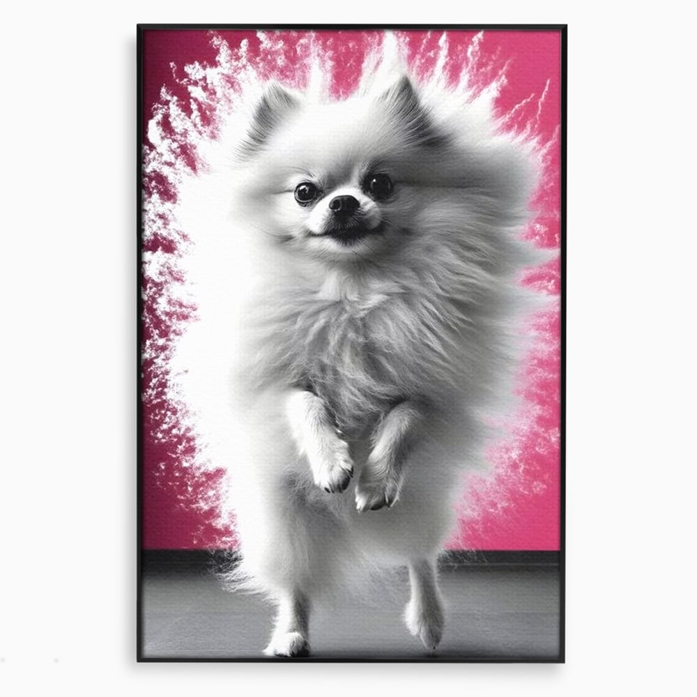 Tablou Canvas Premium, LuxCanva® M1254, Explozie de Puf, Caine, Pomeranian, Pufosenie, Alb, Roz, Explozie, Adorabil, Blanita, Dinamic, Jucaus, Birou, Living, Camera Copil