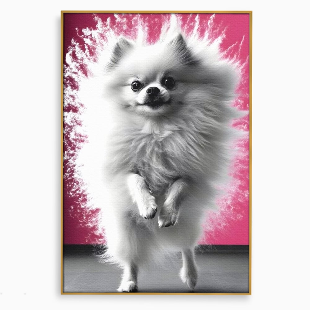 Tablou Canvas Premium, LuxCanva® M1254, Explozie de Puf, Caine, Pomeranian, Pufosenie, Alb, Roz, Explozie, Adorabil, Blanita, Dinamic, Jucaus, Birou, Living, Camera Copil