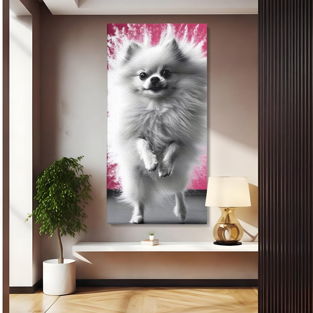 Tablou Canvas Premium, LuxCanva® M1254, Explozie de Puf, Caine, Pomeranian, Pufosenie, Alb, Roz, Explozie, Adorabil, Blanita, Dinamic, Jucaus, Birou, Living, Camera Copil