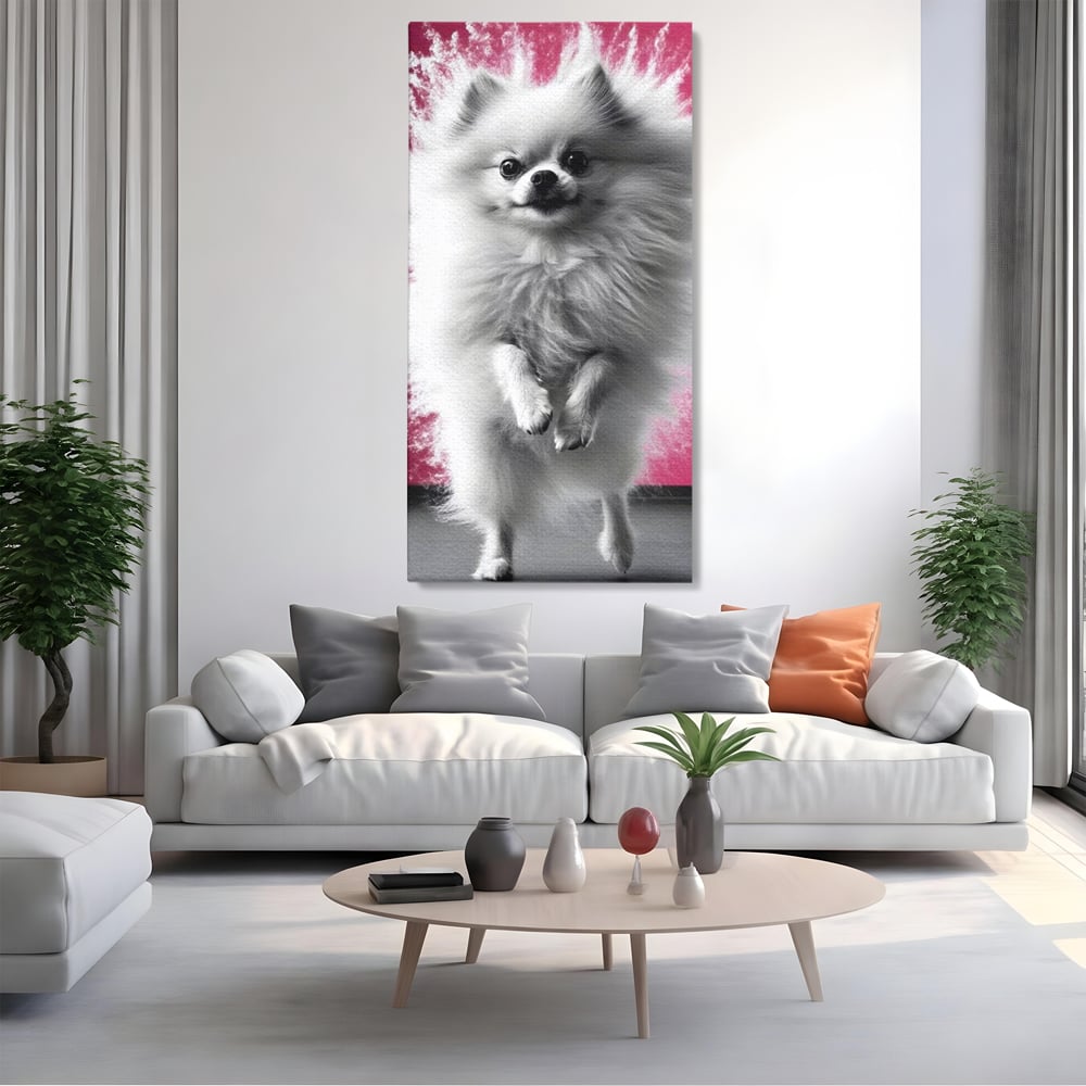 Tablou Canvas Premium, LuxCanva® M1254, Explozie de Puf, Caine, Pomeranian, Pufosenie, Alb, Roz, Explozie, Adorabil, Blanita, Dinamic, Jucaus, Birou, Living, Camera Copil