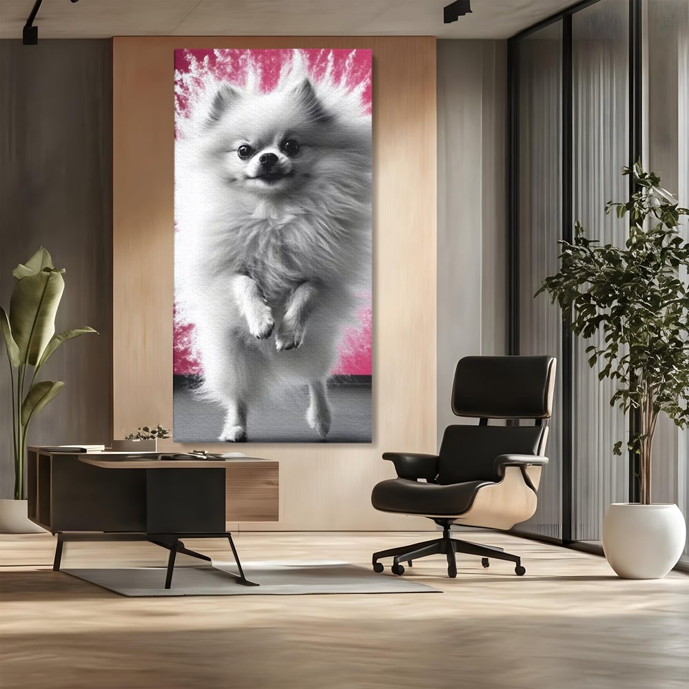Tablou Canvas Premium, LuxCanva® M1254, Explozie de Puf, Caine, Pomeranian, Pufosenie, Alb, Roz, Explozie, Adorabil, Blanita, Dinamic, Jucaus, Birou, Living, Camera Copil