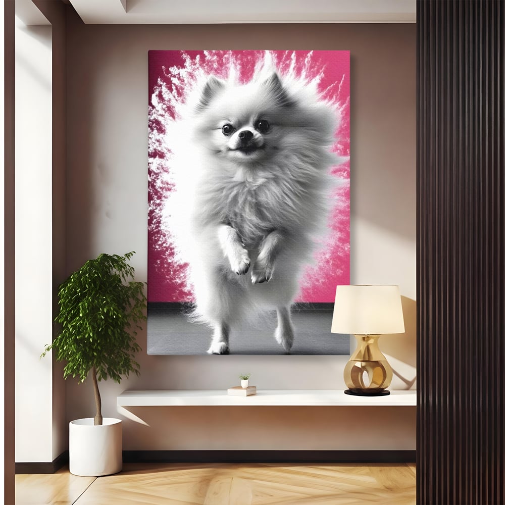 Tablou Canvas Premium, LuxCanva® M1254, Explozie de Puf, Caine, Pomeranian, Pufosenie, Alb, Roz, Explozie, Adorabil, Blanita, Dinamic, Jucaus, Birou, Living, Camera Copil