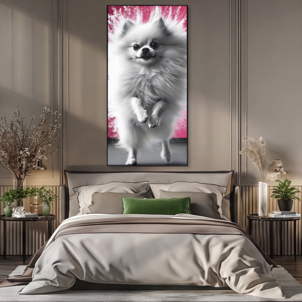 Tablou Canvas Premium, LuxCanva® M1254, Explozie de Puf, Caine, Pomeranian, Pufosenie, Alb, Roz, Explozie, Adorabil, Blanita, Dinamic, Jucaus, Birou, Living, Camera Copil