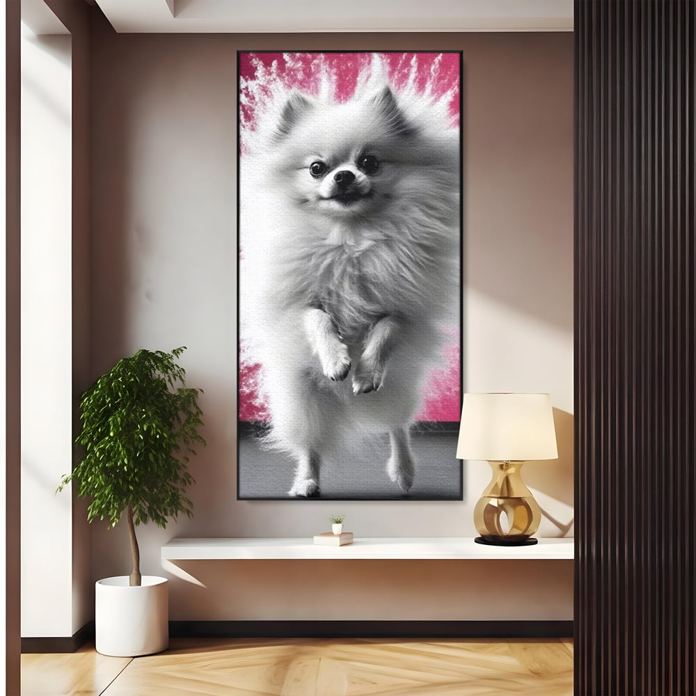 Tablou Canvas Premium, LuxCanva® M1254, Explozie de Puf, Caine, Pomeranian, Pufosenie, Alb, Roz, Explozie, Adorabil, Blanita, Dinamic, Jucaus, Birou, Living, Camera Copil