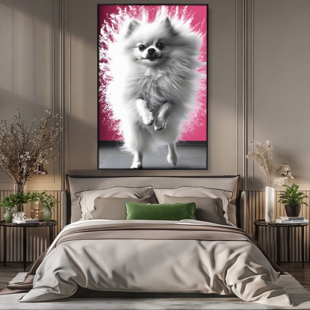 Tablou Canvas Premium, LuxCanva® M1254, Explozie de Puf, Caine, Pomeranian, Pufosenie, Alb, Roz, Explozie, Adorabil, Blanita, Dinamic, Jucaus, Birou, Living, Camera Copil