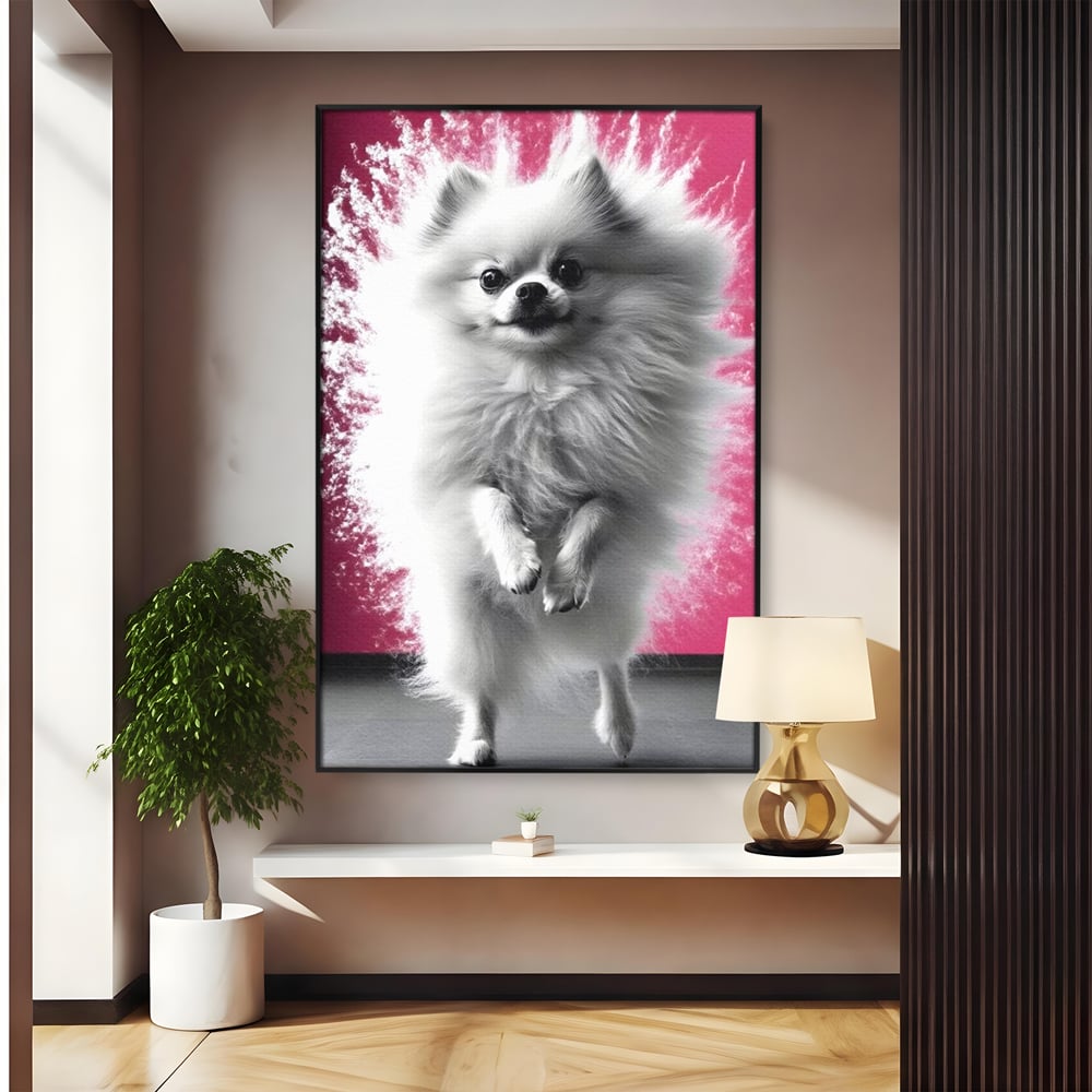 Tablou Canvas Premium, LuxCanva® M1254, Explozie de Puf, Caine, Pomeranian, Pufosenie, Alb, Roz, Explozie, Adorabil, Blanita, Dinamic, Jucaus, Birou, Living, Camera Copil