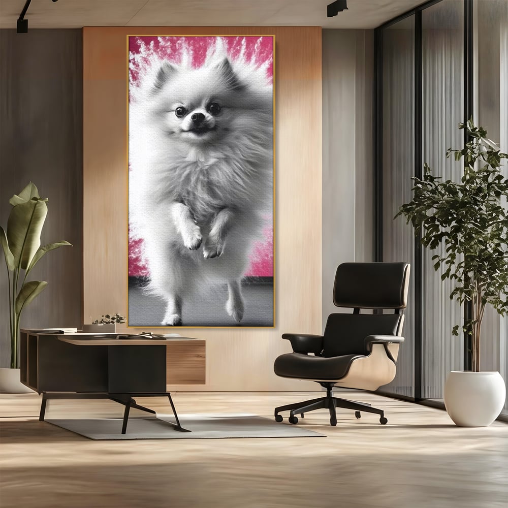 Tablou Canvas Premium, LuxCanva® M1254, Explozie de Puf, Caine, Pomeranian, Pufosenie, Alb, Roz, Explozie, Adorabil, Blanita, Dinamic, Jucaus, Birou, Living, Camera Copil