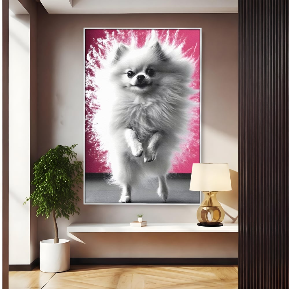 Tablou Canvas Premium, LuxCanva® M1254, Explozie de Puf, Caine, Pomeranian, Pufosenie, Alb, Roz, Explozie, Adorabil, Blanita, Dinamic, Jucaus, Birou, Living, Camera Copil