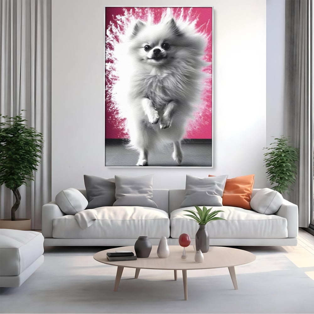 Tablou Canvas Premium, LuxCanva® M1254, Explozie de Puf, Caine, Pomeranian, Pufosenie, Alb, Roz, Explozie, Adorabil, Blanita, Dinamic, Jucaus, Birou, Living, Camera Copil