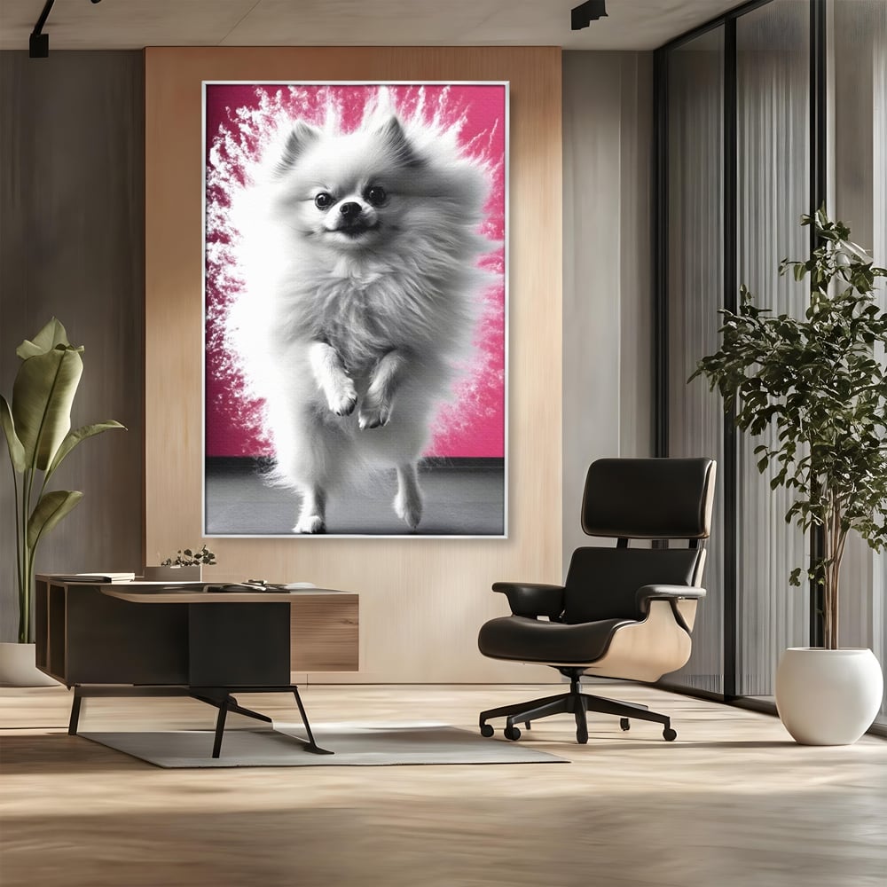 Tablou Canvas Premium, LuxCanva® M1254, Explozie de Puf, Caine, Pomeranian, Pufosenie, Alb, Roz, Explozie, Adorabil, Blanita, Dinamic, Jucaus, Birou, Living, Camera Copil