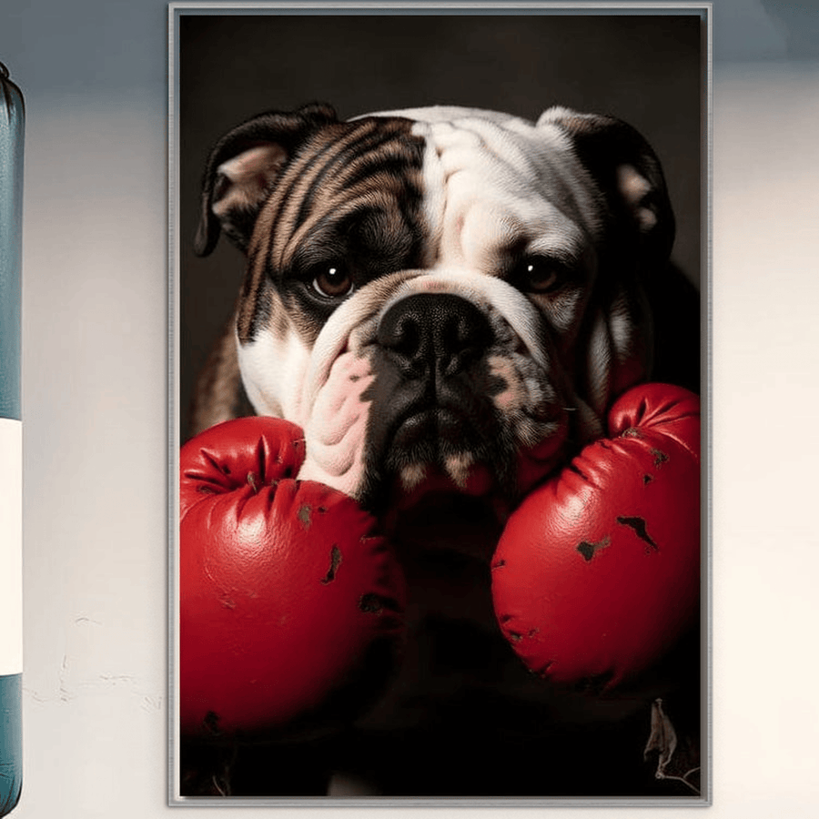 LuxCanva® Tablou Canvas Premium M1255: "Stapanul Ringului" prezintă un bulldog cu mănuși roșii de box lângă un sac de box, privind spre camera pe fundal întunecat. Ideal pentru birou, living sau camera copilului.