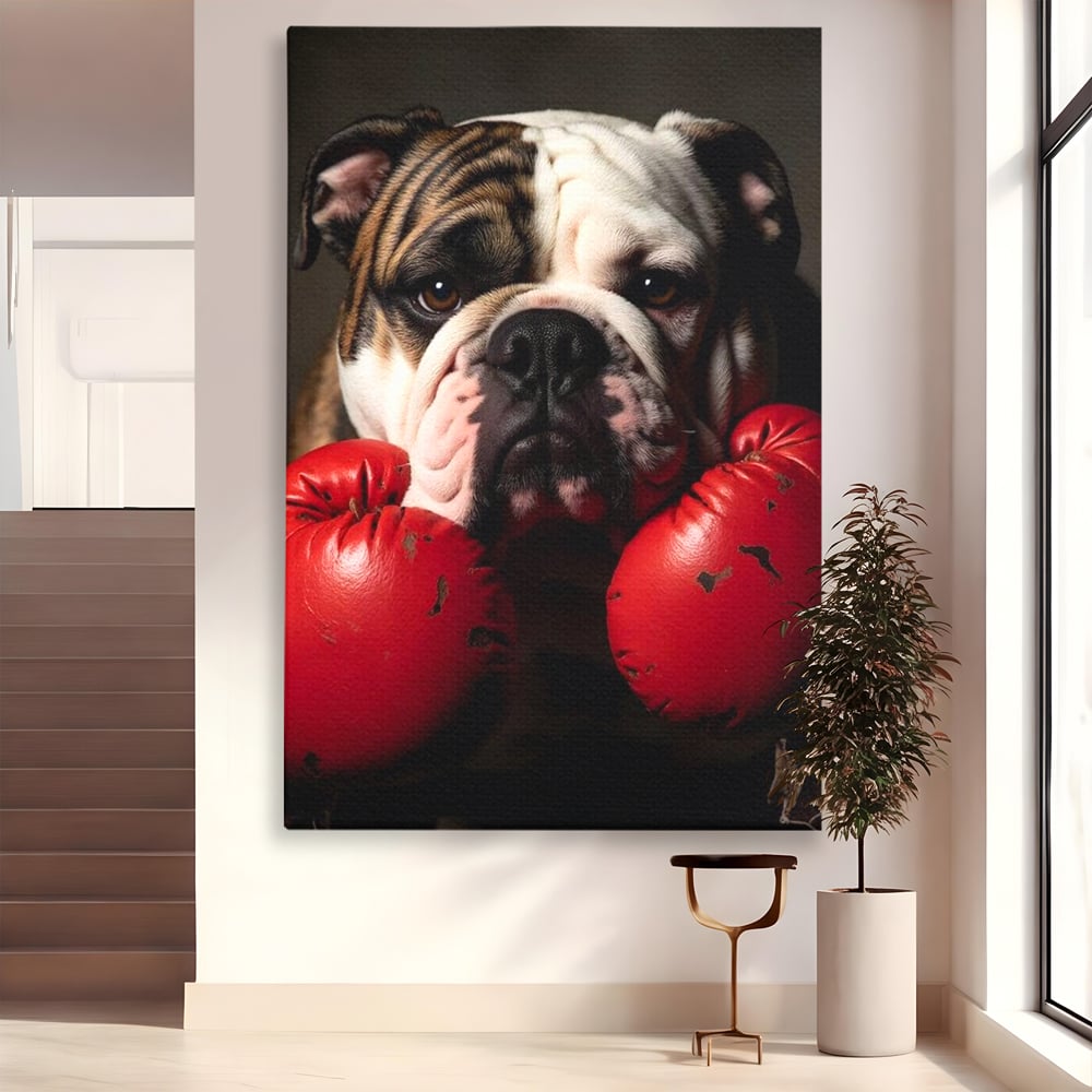 Tablou Canvas Premium, LuxCanva® M1255, Stapanul Ringului, Boxer, Luptator, Campion, Caine, Bulldog, Manusi, Curaj, Forta, Sport, Energie, Hazliu, Birou, Living, Camera Copil