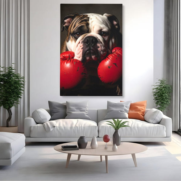 Tablou Canvas Premium, LuxCanva® M1255, Stapanul Ringului, Boxer, Luptator, Campion, Caine, Bulldog, Manusi, Curaj, Forta, Sport, Energie, Hazliu, Birou, Living, Camera Copil
