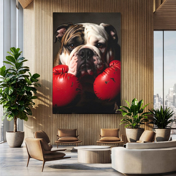 Tablou Canvas Premium, LuxCanva® M1255, Stapanul Ringului, Boxer, Luptator, Campion, Caine, Bulldog, Manusi, Curaj, Forta, Sport, Energie, Hazliu, Birou, Living, Camera Copil