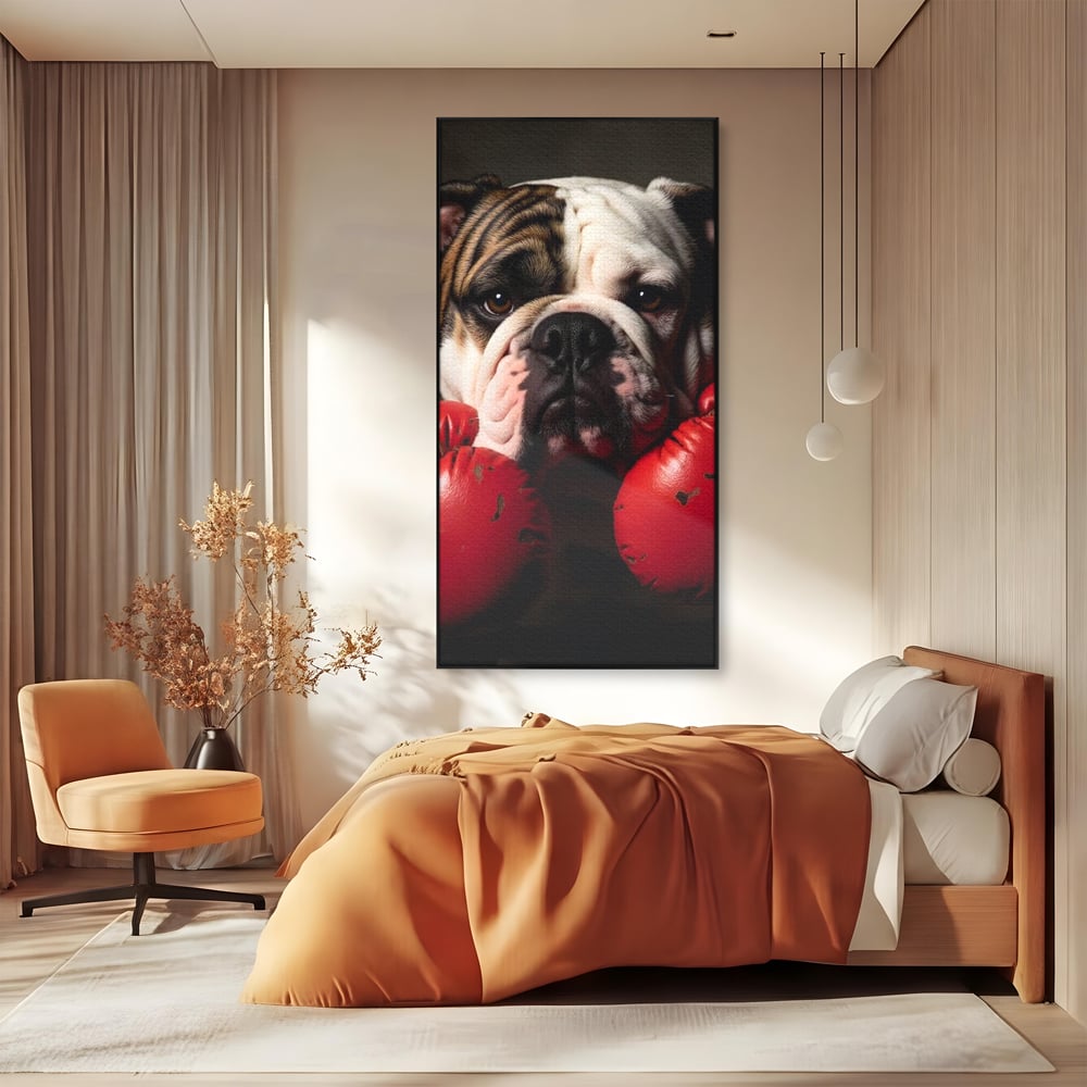 Tablou Canvas Premium, LuxCanva® M1255, Stapanul Ringului, Boxer, Luptator, Campion, Caine, Bulldog, Manusi, Curaj, Forta, Sport, Energie, Hazliu, Birou, Living, Camera Copil