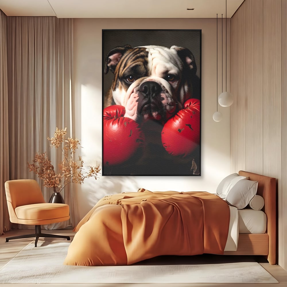 Tablou Canvas Premium, LuxCanva® M1255, Stapanul Ringului, Boxer, Luptator, Campion, Caine, Bulldog, Manusi, Curaj, Forta, Sport, Energie, Hazliu, Birou, Living, Camera Copil