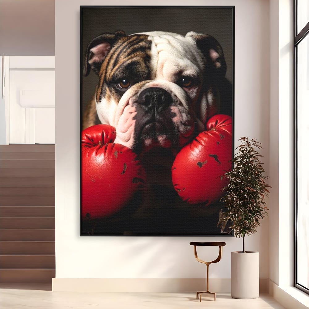 Tablou Canvas Premium, LuxCanva® M1255, Stapanul Ringului, Boxer, Luptator, Campion, Caine, Bulldog, Manusi, Curaj, Forta, Sport, Energie, Hazliu, Birou, Living, Camera Copil