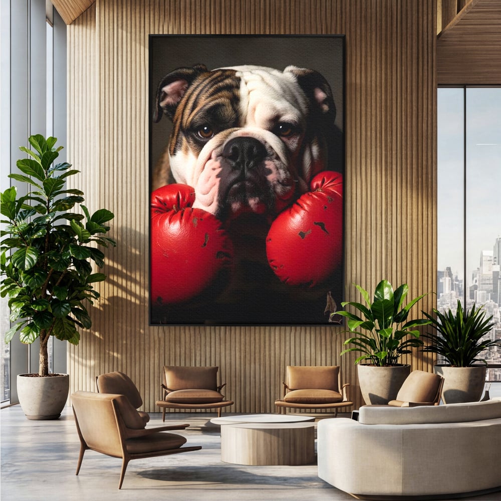 Tablou Canvas Premium, LuxCanva® M1255, Stapanul Ringului, Boxer, Luptator, Campion, Caine, Bulldog, Manusi, Curaj, Forta, Sport, Energie, Hazliu, Birou, Living, Camera Copil