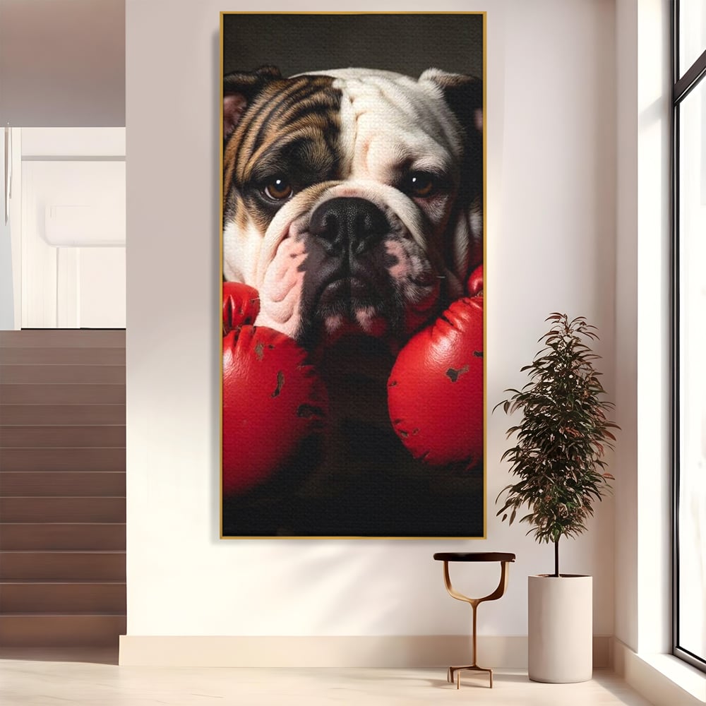 Tablou Canvas Premium, LuxCanva® M1255, Stapanul Ringului, Boxer, Luptator, Campion, Caine, Bulldog, Manusi, Curaj, Forta, Sport, Energie, Hazliu, Birou, Living, Camera Copil