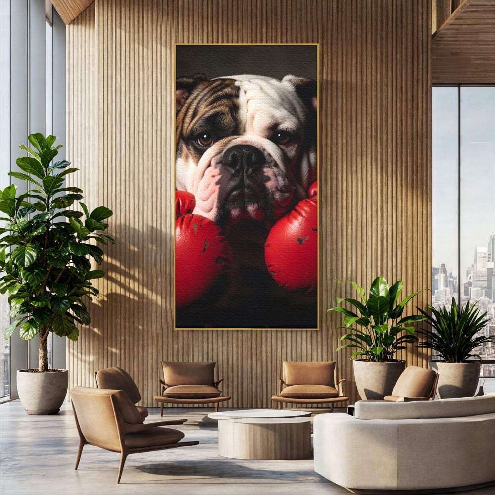 Tablou Canvas Premium, LuxCanva® M1255, Stapanul Ringului, Boxer, Luptator, Campion, Caine, Bulldog, Manusi, Curaj, Forta, Sport, Energie, Hazliu, Birou, Living, Camera Copil