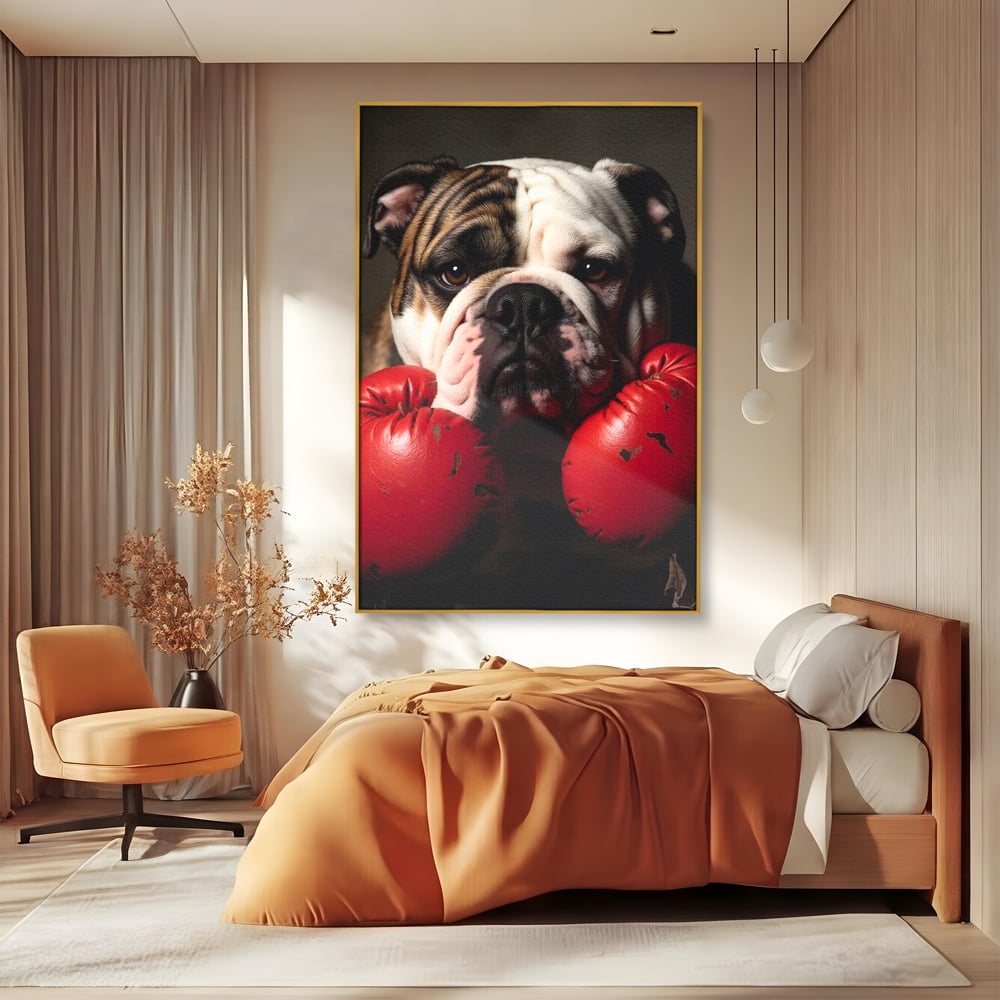 Tablou Canvas Premium, LuxCanva® M1255, Stapanul Ringului, Boxer, Luptator, Campion, Caine, Bulldog, Manusi, Curaj, Forta, Sport, Energie, Hazliu, Birou, Living, Camera Copil