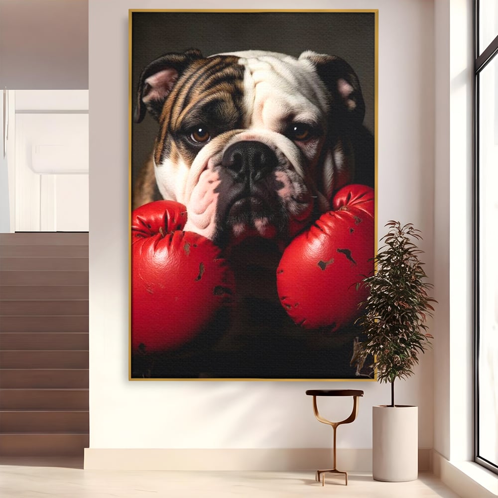 Tablou Canvas Premium, LuxCanva® M1255, Stapanul Ringului, Boxer, Luptator, Campion, Caine, Bulldog, Manusi, Curaj, Forta, Sport, Energie, Hazliu, Birou, Living, Camera Copil