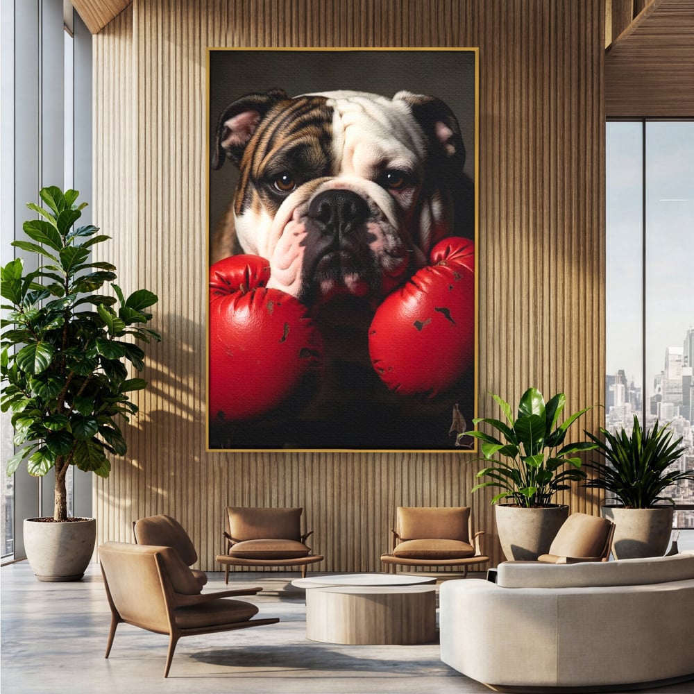 Tablou Canvas Premium, LuxCanva® M1255, Stapanul Ringului, Boxer, Luptator, Campion, Caine, Bulldog, Manusi, Curaj, Forta, Sport, Energie, Hazliu, Birou, Living, Camera Copil
