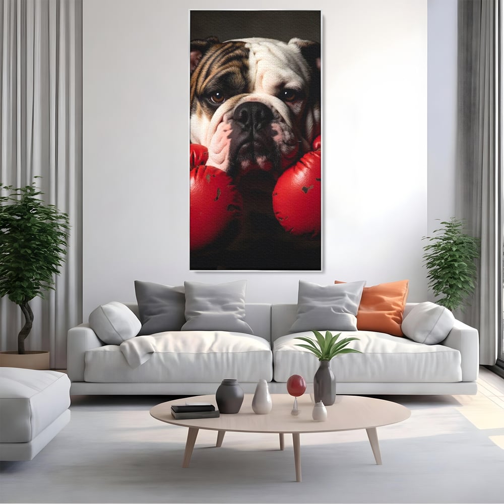 Tablou Canvas Premium, LuxCanva® M1255, Stapanul Ringului, Boxer, Luptator, Campion, Caine, Bulldog, Manusi, Curaj, Forta, Sport, Energie, Hazliu, Birou, Living, Camera Copil