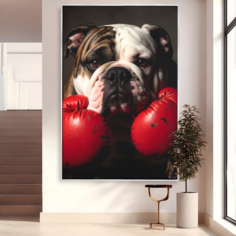 Tablou Canvas Premium, LuxCanva® M1255, Stapanul Ringului, Boxer, Luptator, Campion, Caine, Bulldog, Manusi, Curaj, Forta, Sport, Energie, Hazliu, Birou, Living, Camera Copil
