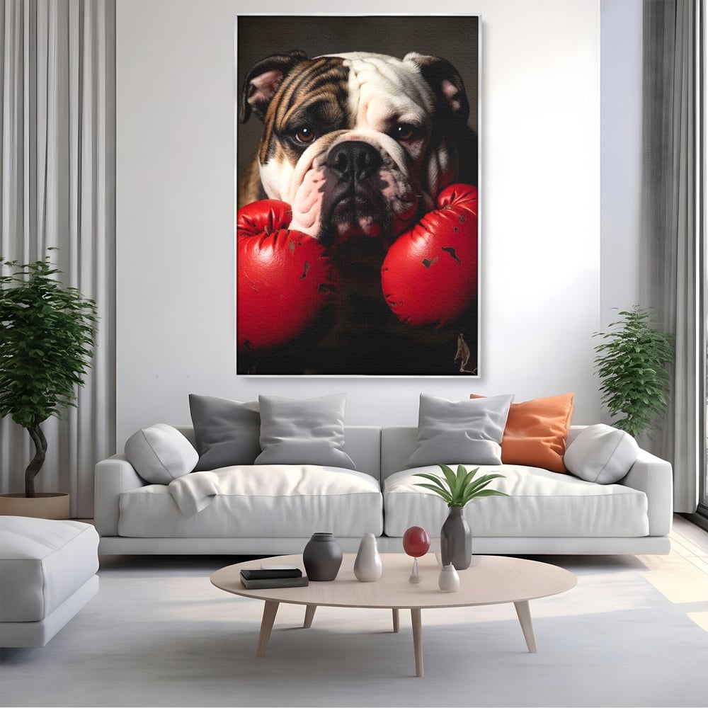 Tablou Canvas Premium, LuxCanva® M1255, Stapanul Ringului, Boxer, Luptator, Campion, Caine, Bulldog, Manusi, Curaj, Forta, Sport, Energie, Hazliu, Birou, Living, Camera Copil