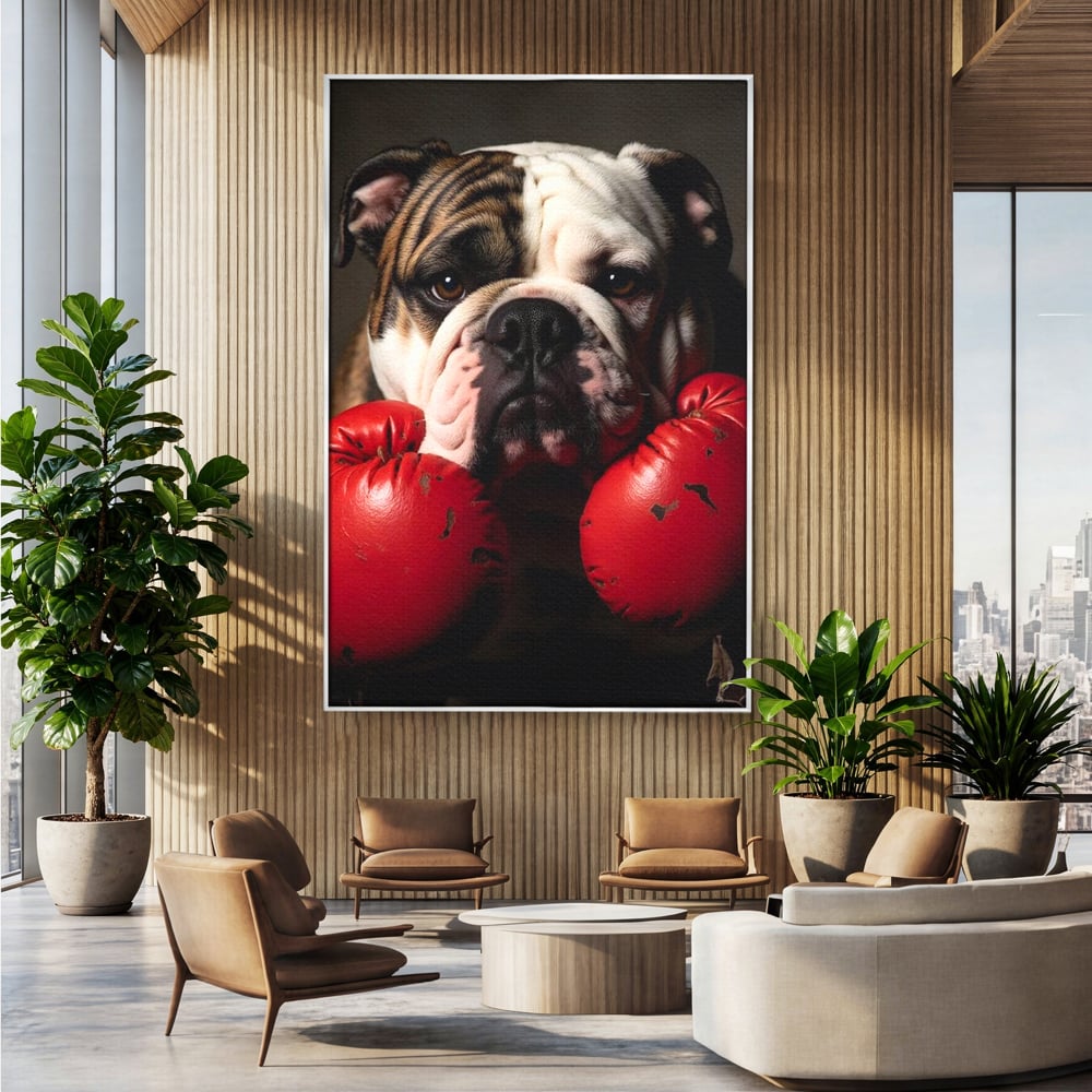 Tablou Canvas Premium, LuxCanva® M1255, Stapanul Ringului, Boxer, Luptator, Campion, Caine, Bulldog, Manusi, Curaj, Forta, Sport, Energie, Hazliu, Birou, Living, Camera Copil