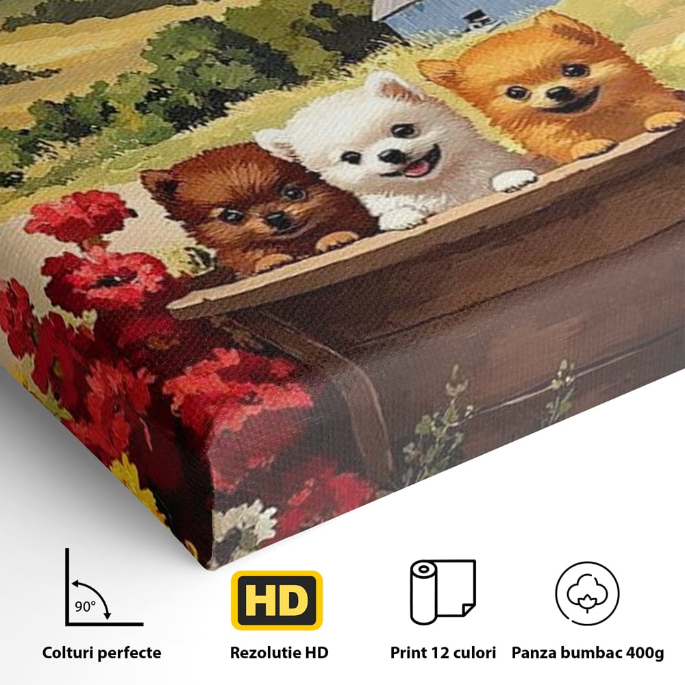 Tablou Canvas Premium, LuxCanva® M1256, Tabara Catelusilor, Catelusi, Flori, Peisaj, Dragalas, Casa, Ferma, Vegetatie, Rustic, Joaca, Copilarie, Prietenie, Birou, Living, Camera Copil