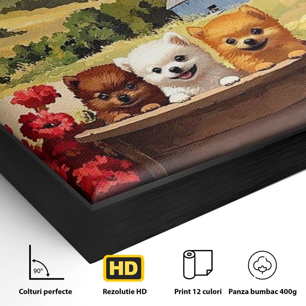 Tablou Canvas Premium, LuxCanva® M1256, Tabara Catelusilor, Catelusi, Flori, Peisaj, Dragalas, Casa, Ferma, Vegetatie, Rustic, Joaca, Copilarie, Prietenie, Birou, Living, Camera Copil