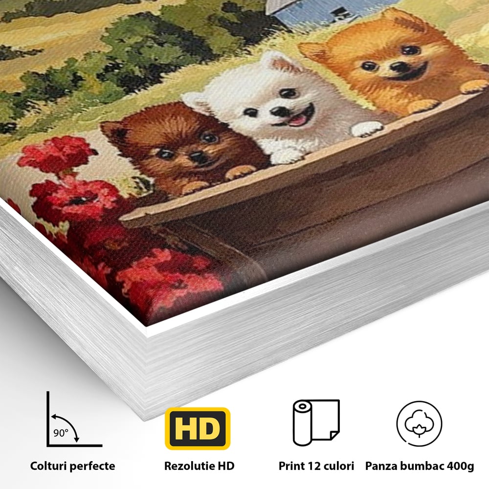 Tablou Canvas Premium, LuxCanva® M1256, Tabara Catelusilor, Catelusi, Flori, Peisaj, Dragalas, Casa, Ferma, Vegetatie, Rustic, Joaca, Copilarie, Prietenie, Birou, Living, Camera Copil