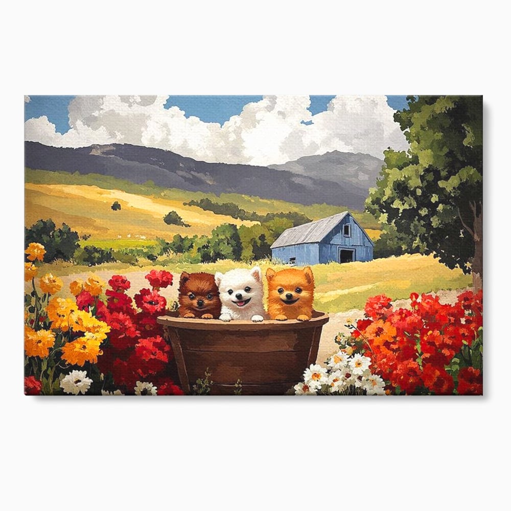 Tablou Canvas Premium, LuxCanva® M1256, Tabara Catelusilor, Catelusi, Flori, Peisaj, Dragalas, Casa, Ferma, Vegetatie, Rustic, Joaca, Copilarie, Prietenie, Birou, Living, Camera Copil