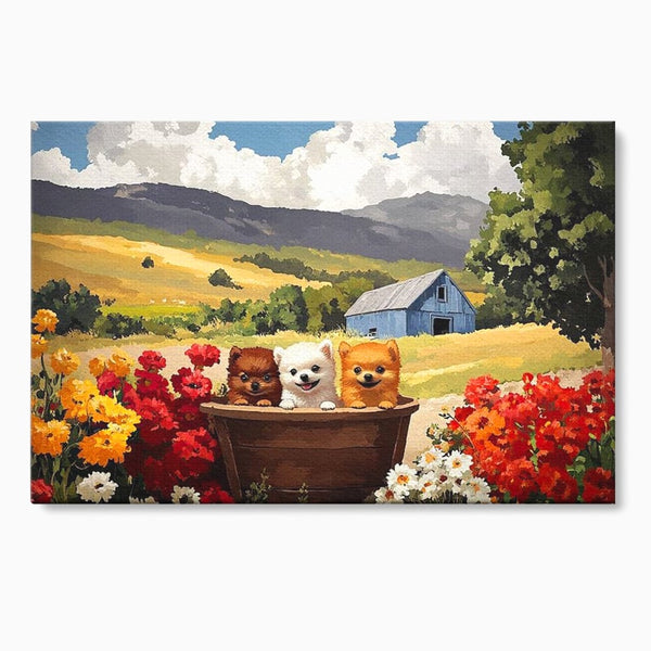 Tablou Canvas Premium, LuxCanva® M1256, Tabara Catelusilor, Catelusi, Flori, Peisaj, Dragalas, Casa, Ferma, Vegetatie, Rustic, Joaca, Copilarie, Prietenie, Birou, Living, Camera Copil