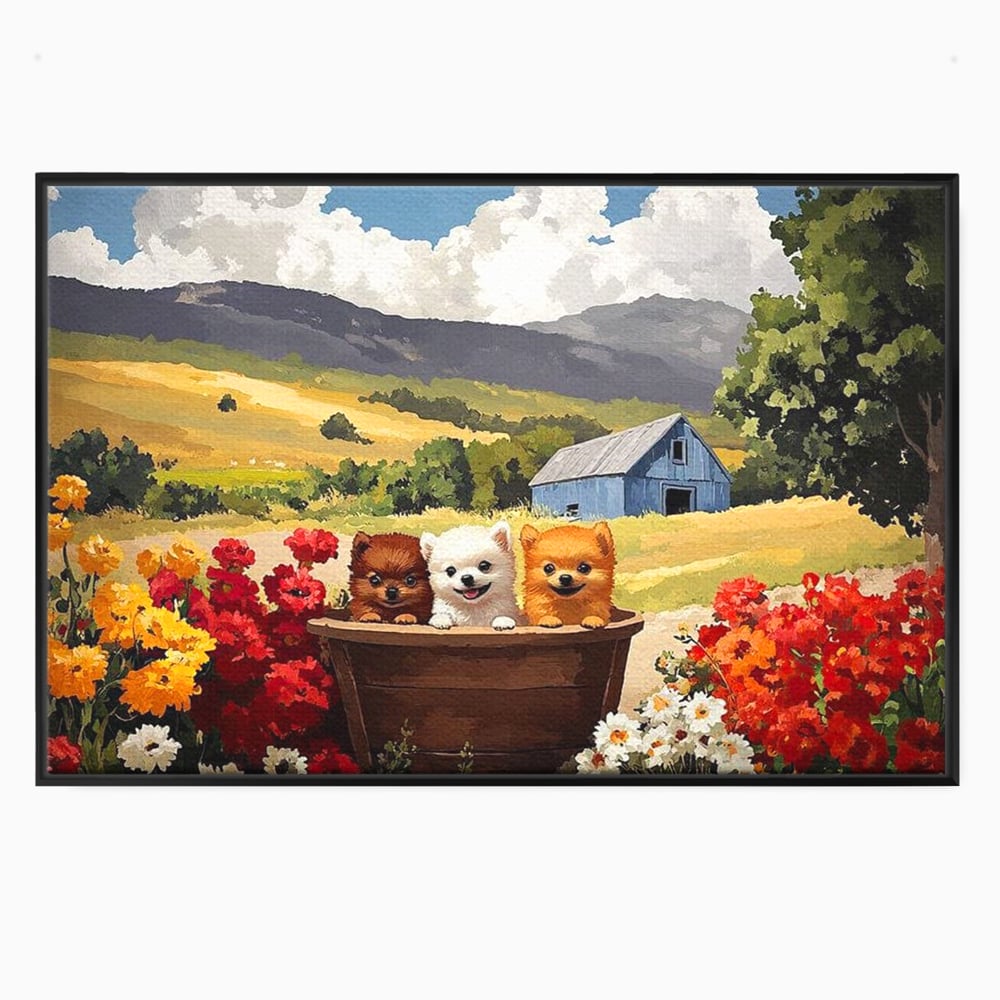 Tablou Canvas Premium, LuxCanva® M1256, Tabara Catelusilor, Catelusi, Flori, Peisaj, Dragalas, Casa, Ferma, Vegetatie, Rustic, Joaca, Copilarie, Prietenie, Birou, Living, Camera Copil