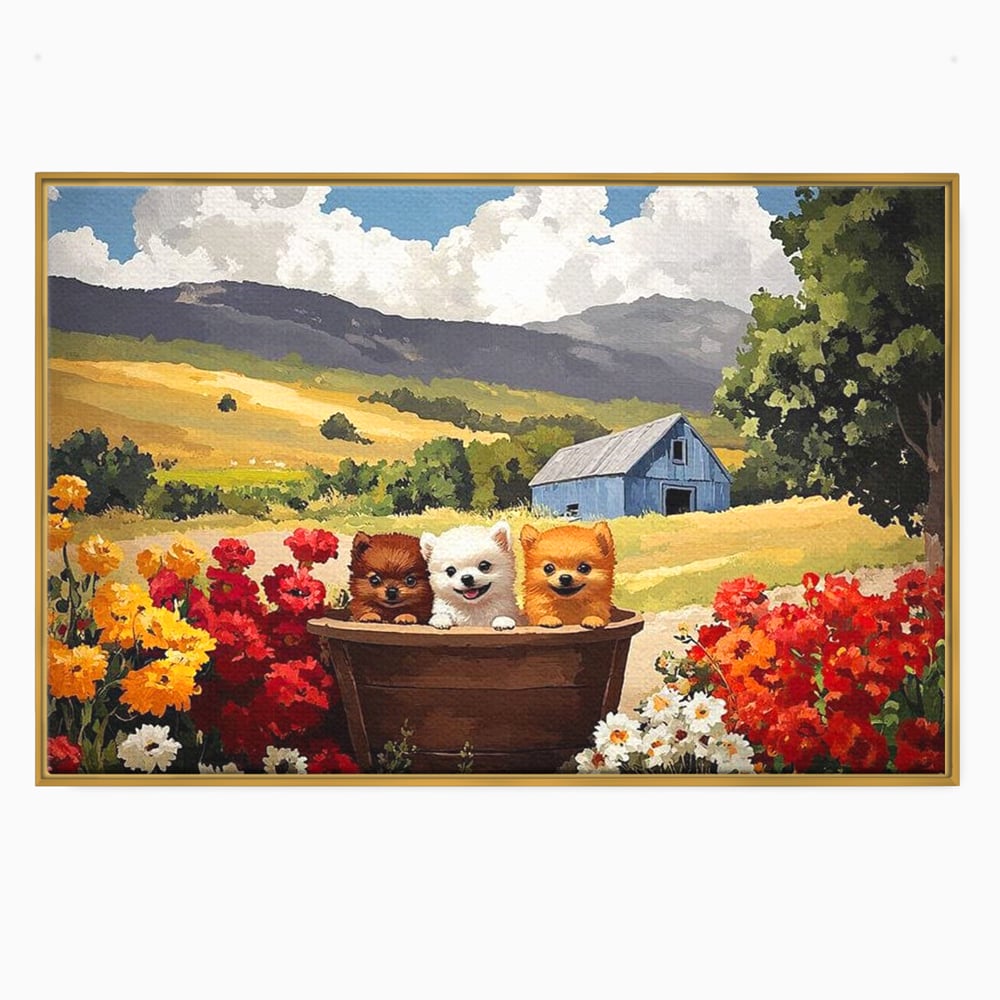 Tablou Canvas Premium, LuxCanva® M1256, Tabara Catelusilor, Catelusi, Flori, Peisaj, Dragalas, Casa, Ferma, Vegetatie, Rustic, Joaca, Copilarie, Prietenie, Birou, Living, Camera Copil