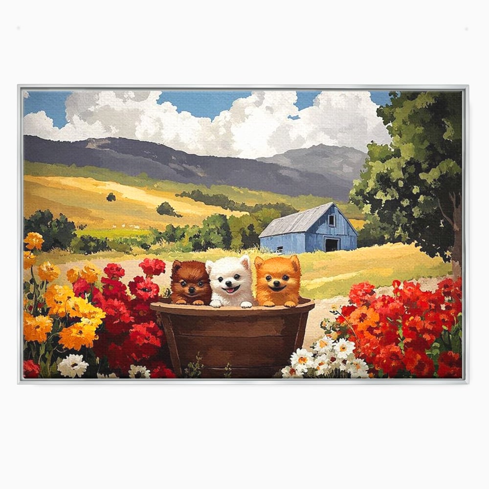 Tablou Canvas Premium, LuxCanva® M1256, Tabara Catelusilor, Catelusi, Flori, Peisaj, Dragalas, Casa, Ferma, Vegetatie, Rustic, Joaca, Copilarie, Prietenie, Birou, Living, Camera Copil