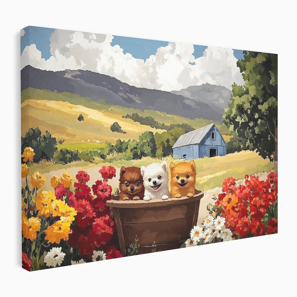Tablou Canvas Premium, LuxCanva® M1256, Tabara Catelusilor, Catelusi, Flori, Peisaj, Dragalas, Casa, Ferma, Vegetatie, Rustic, Joaca, Copilarie, Prietenie, Birou, Living, Camera Copil
