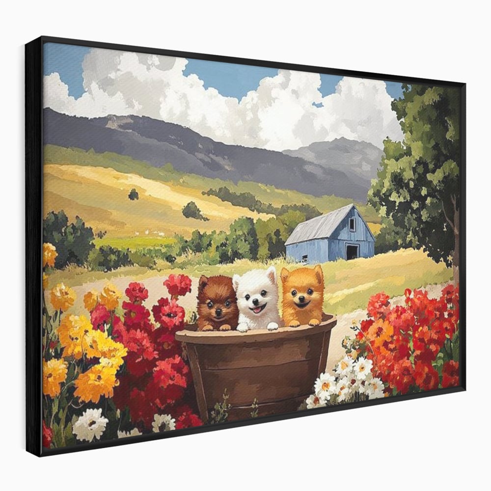 Tablou Canvas Premium, LuxCanva® M1256, Tabara Catelusilor, Catelusi, Flori, Peisaj, Dragalas, Casa, Ferma, Vegetatie, Rustic, Joaca, Copilarie, Prietenie, Birou, Living, Camera Copil