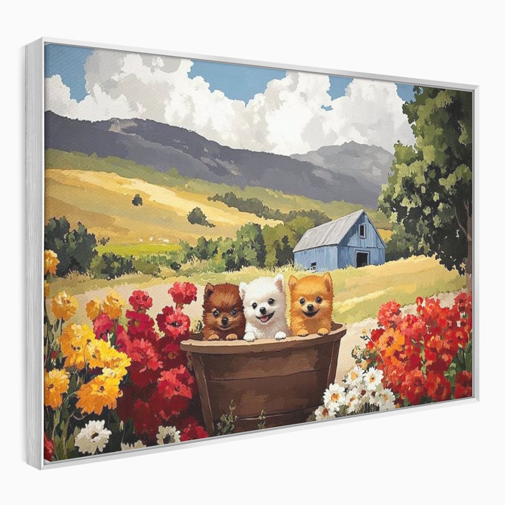 Tablou Canvas Premium, LuxCanva® M1256, Tabara Catelusilor, Catelusi, Flori, Peisaj, Dragalas, Casa, Ferma, Vegetatie, Rustic, Joaca, Copilarie, Prietenie, Birou, Living, Camera Copil