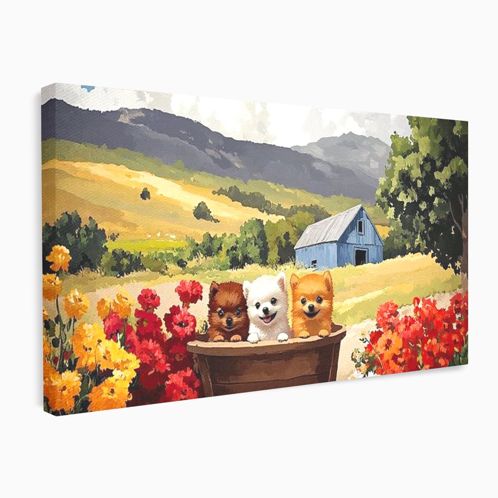 Tablou Canvas Premium, LuxCanva® M1256, Tabara Catelusilor, Catelusi, Flori, Peisaj, Dragalas, Casa, Ferma, Vegetatie, Rustic, Joaca, Copilarie, Prietenie, Birou, Living, Camera Copil