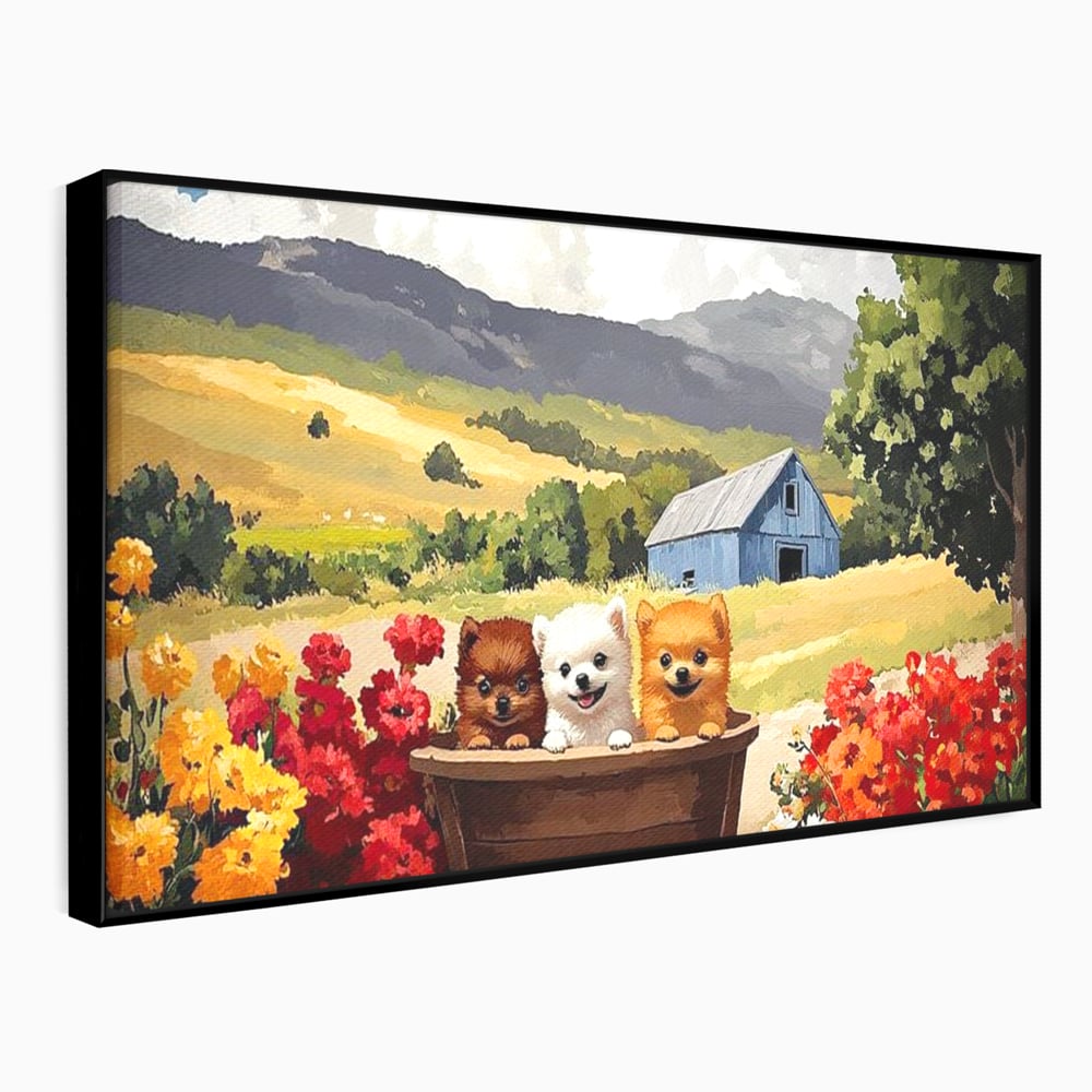 Tablou Canvas Premium, LuxCanva® M1256, Tabara Catelusilor, Catelusi, Flori, Peisaj, Dragalas, Casa, Ferma, Vegetatie, Rustic, Joaca, Copilarie, Prietenie, Birou, Living, Camera Copil