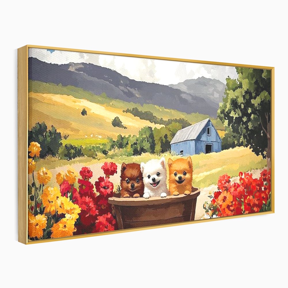 Tablou Canvas Premium, LuxCanva® M1256, Tabara Catelusilor, Catelusi, Flori, Peisaj, Dragalas, Casa, Ferma, Vegetatie, Rustic, Joaca, Copilarie, Prietenie, Birou, Living, Camera Copil