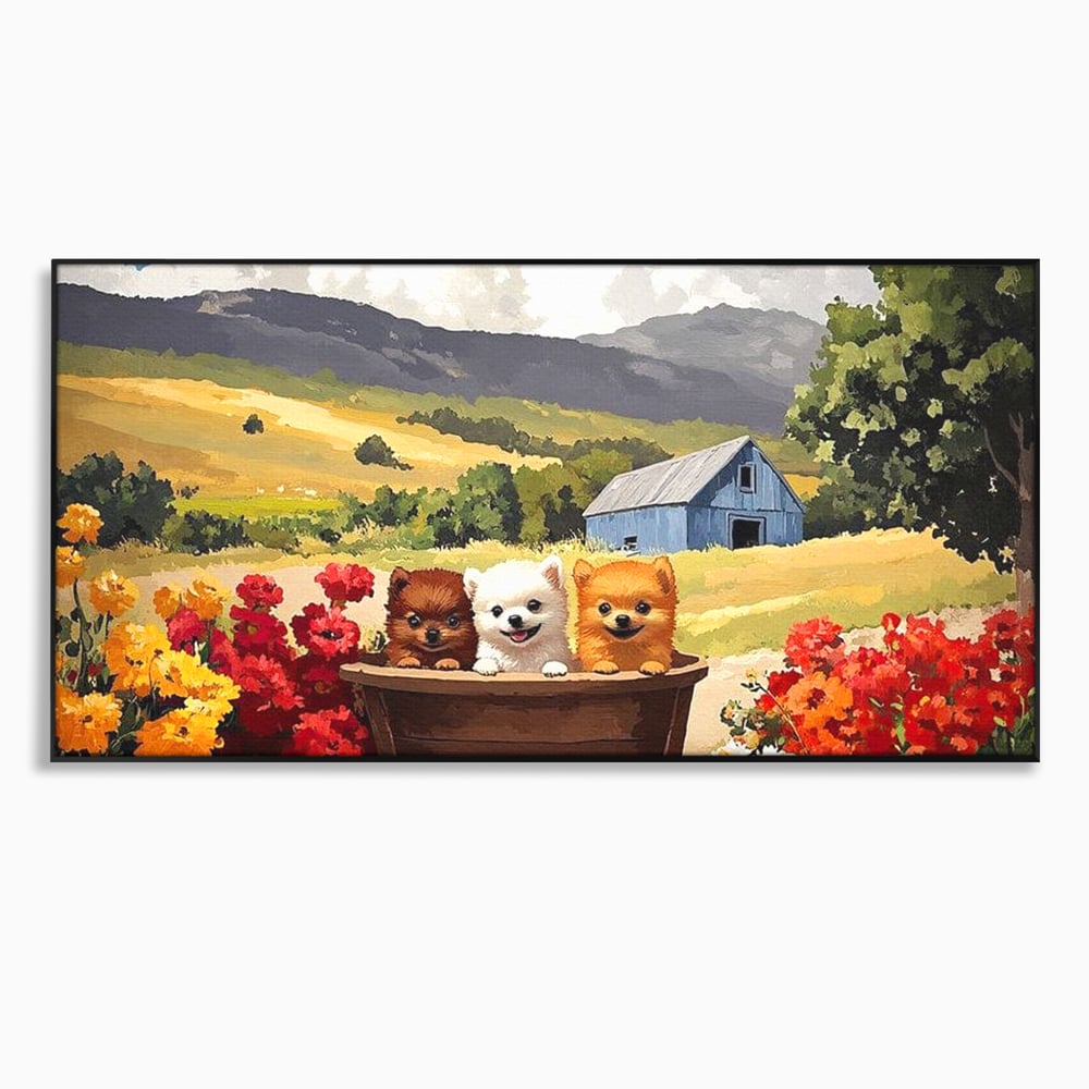 Tablou Canvas Premium, LuxCanva® M1256, Tabara Catelusilor, Catelusi, Flori, Peisaj, Dragalas, Casa, Ferma, Vegetatie, Rustic, Joaca, Copilarie, Prietenie, Birou, Living, Camera Copil