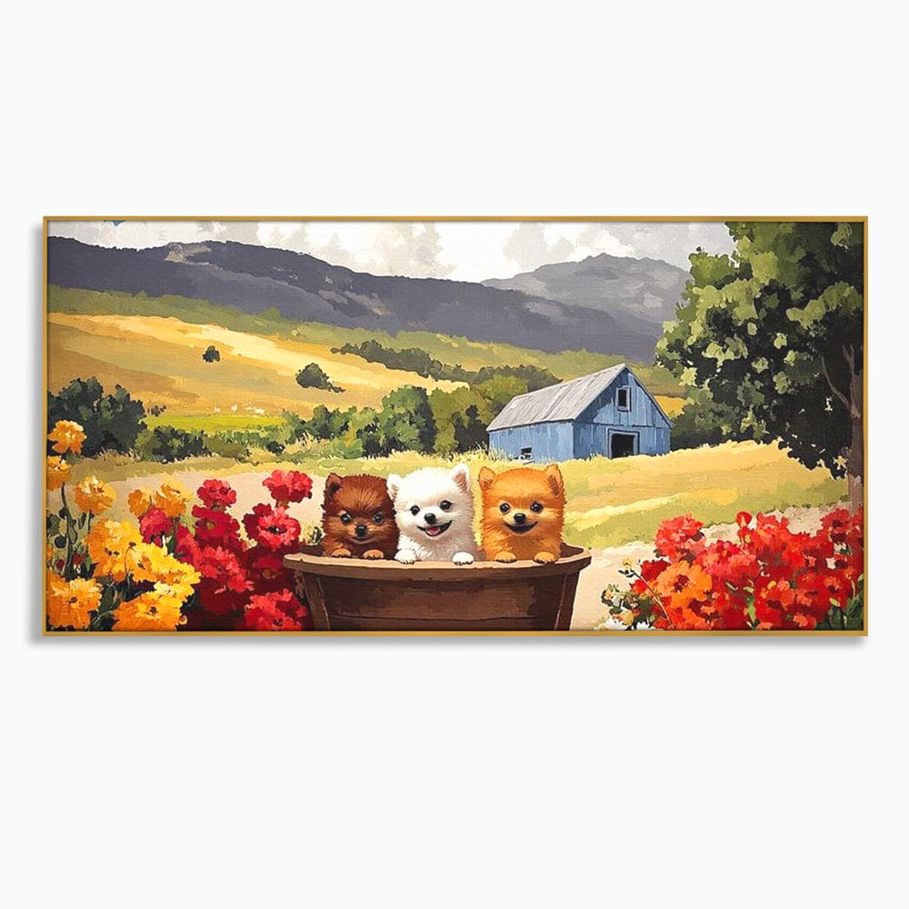 Tablou Canvas Premium, LuxCanva® M1256, Tabara Catelusilor, Catelusi, Flori, Peisaj, Dragalas, Casa, Ferma, Vegetatie, Rustic, Joaca, Copilarie, Prietenie, Birou, Living, Camera Copil