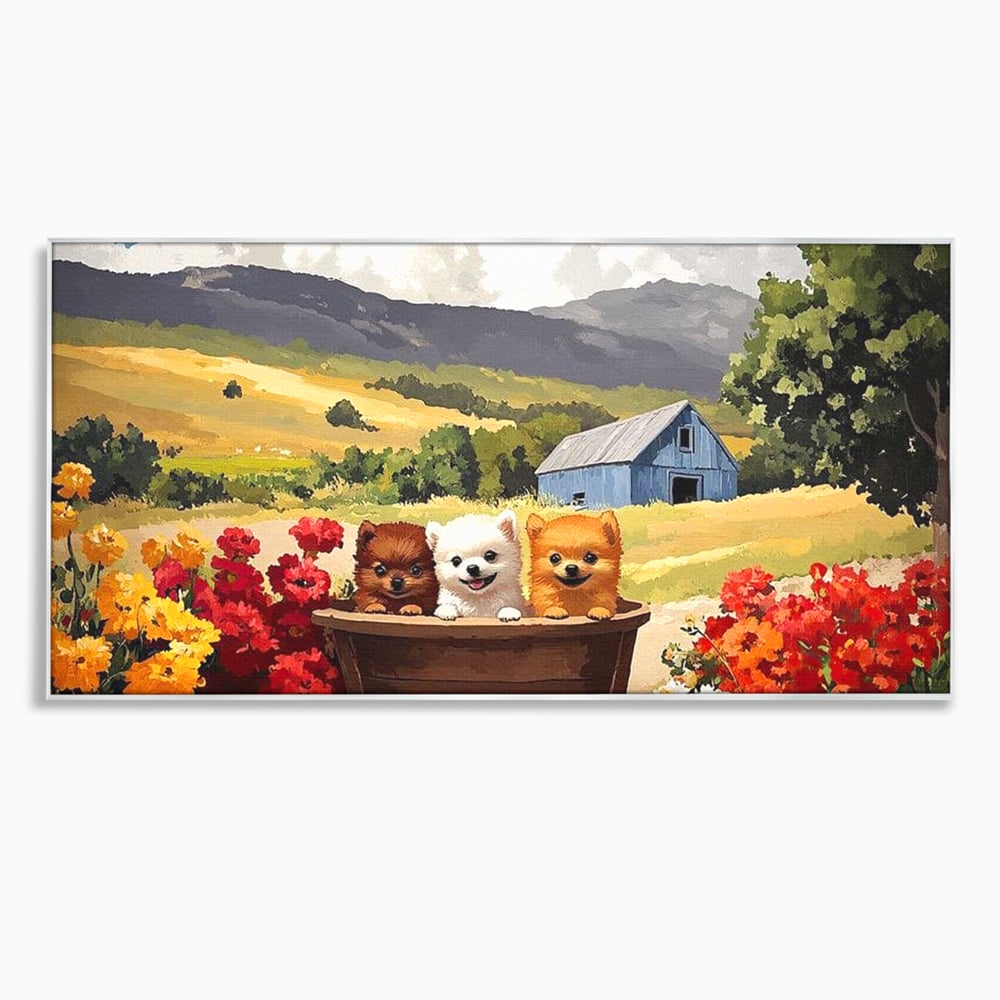 Tablou Canvas Premium, LuxCanva® M1256, Tabara Catelusilor, Catelusi, Flori, Peisaj, Dragalas, Casa, Ferma, Vegetatie, Rustic, Joaca, Copilarie, Prietenie, Birou, Living, Camera Copil